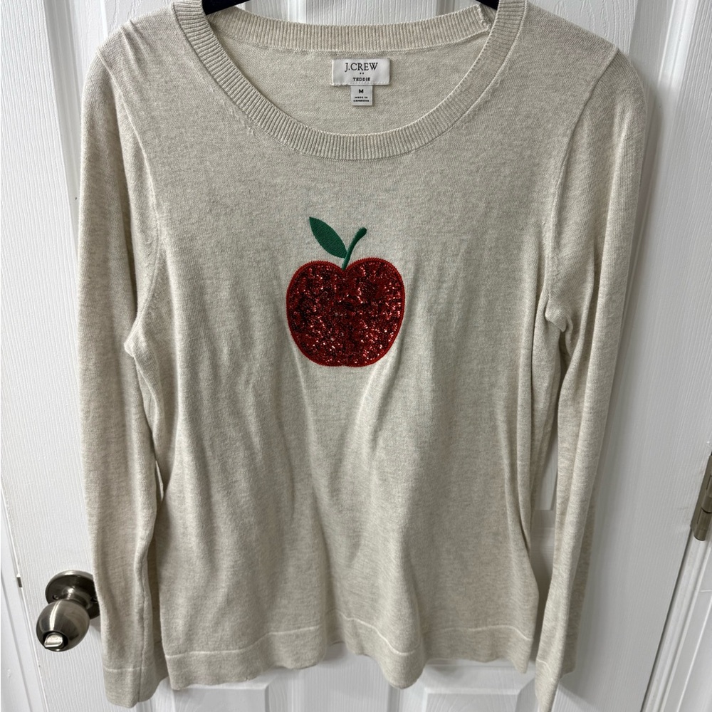 J.Crew Light Gray Teddie Lightweight Sweater with Red Sequin Apple